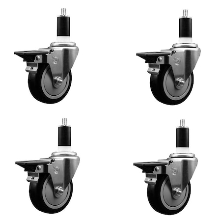 Service Caster 4'' Black Poly Swivel 1-3/8'' Expanding Stem Caster Set with Brake, 4PK SCC-EX20S414-PPUB-BLK-PLB-138-4